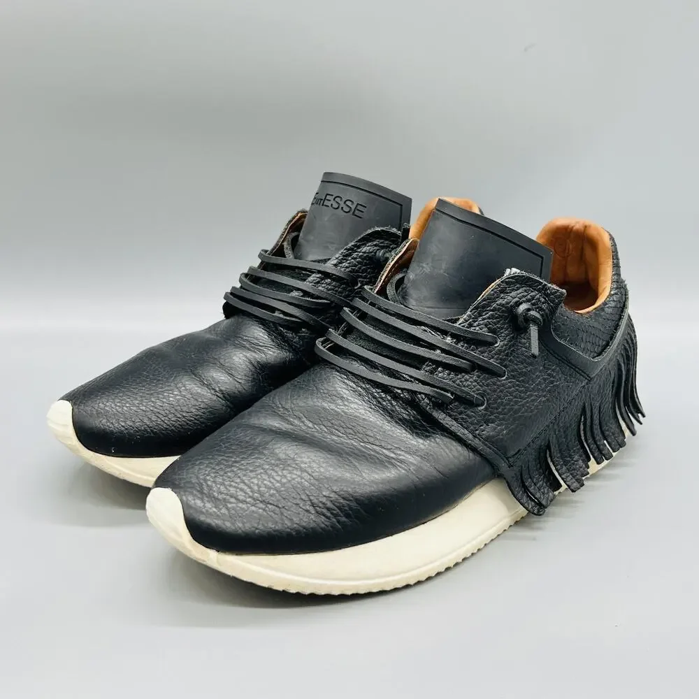 ESSEutESSE Shoes Women 7.5 Black Pebbled Leather Fringe Low Top Sneakers Comfort